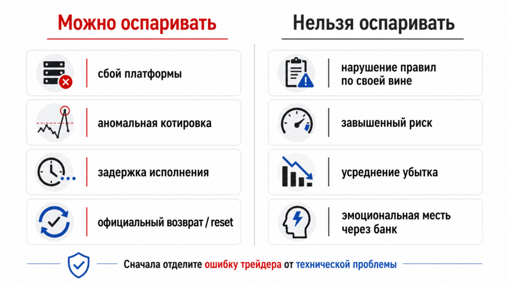 Когда потерю проп-челленджа можно оспаривать, а когда нельзя