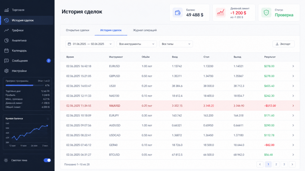 История сделок в кабинете проп-компании с проблемной сделкой